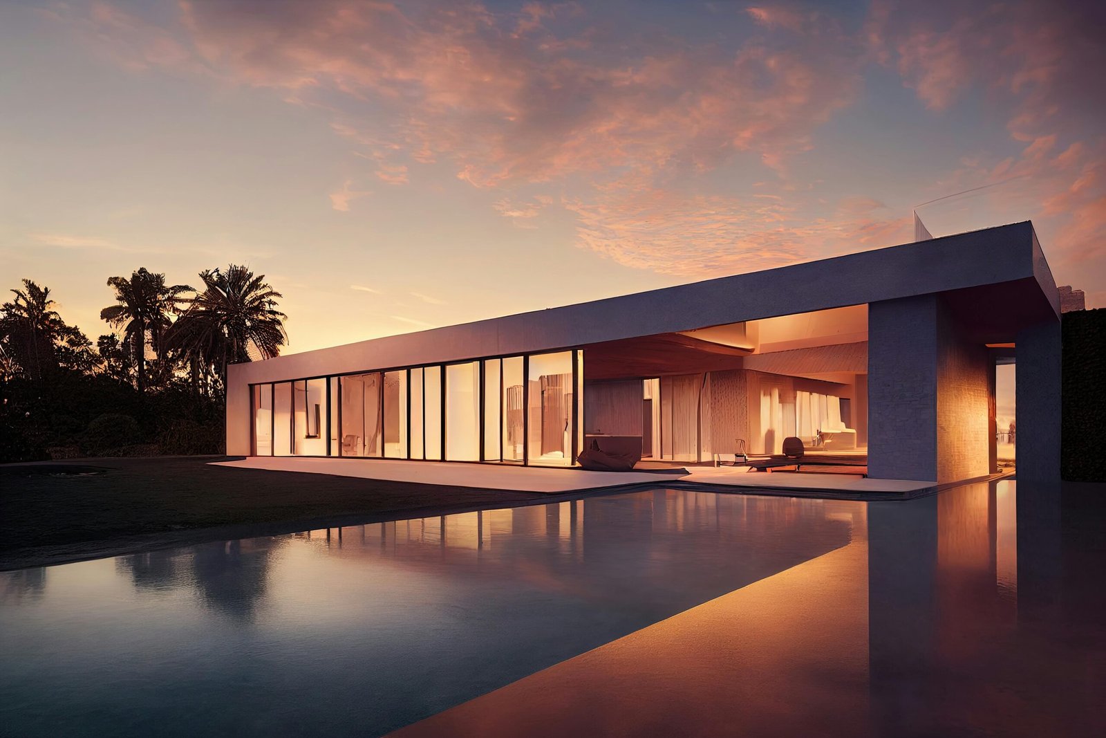 Elegant modern villa with poolside view reflecting a stunning sunset sky.