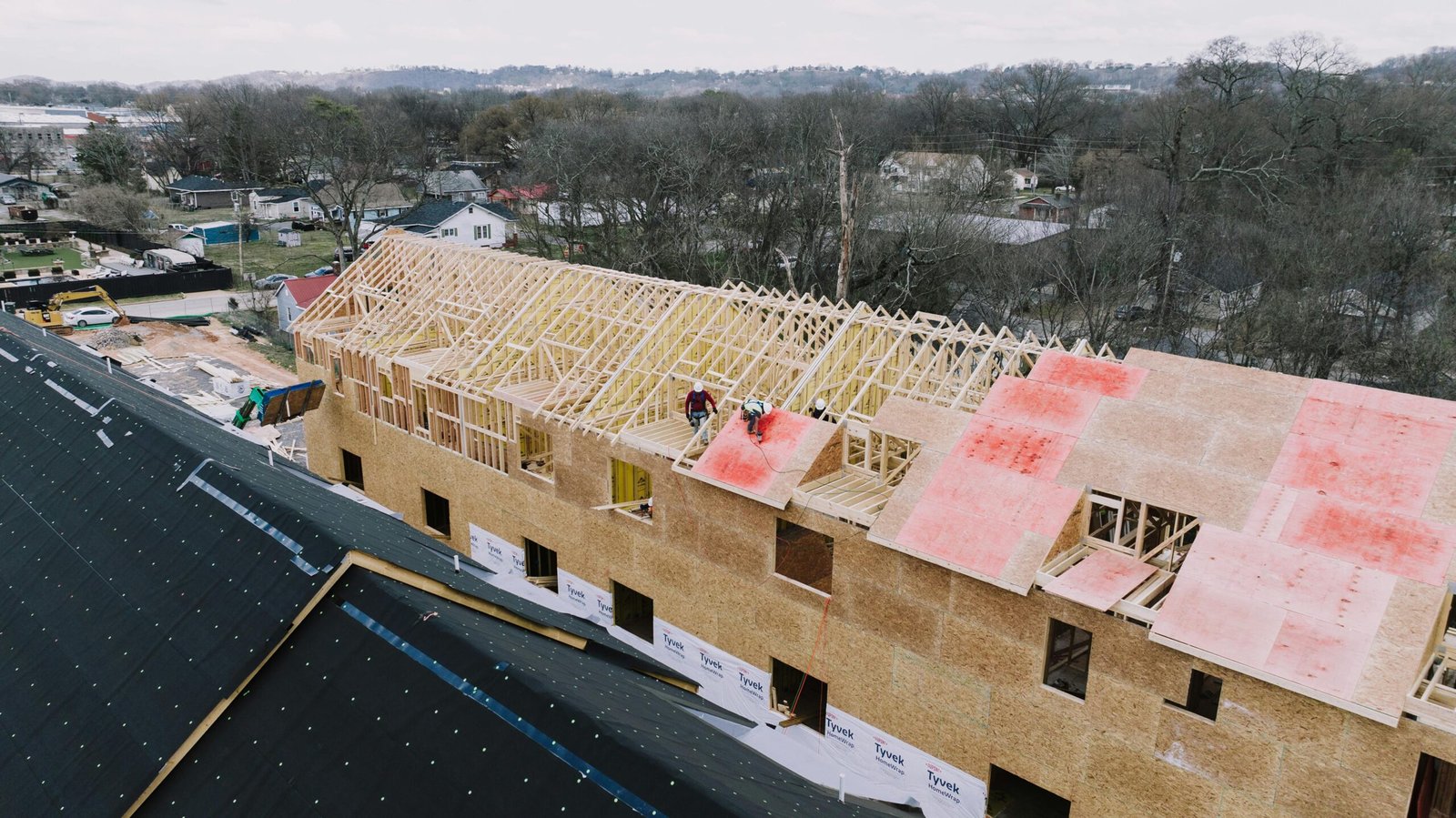 An active construction site in Chattanooga, Tennessee, captured from above.